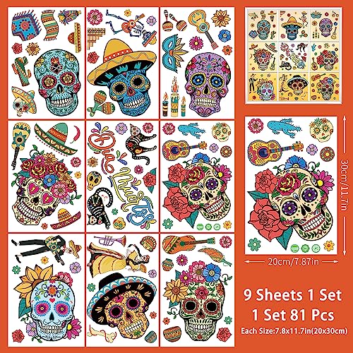 Day of the Dead Window Clings - Sugar Skull Halloween Decor - 9 Pcs