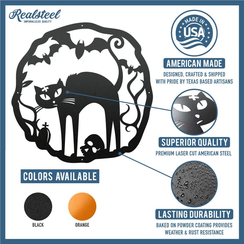 Halloween Cat Wreath Metal Door Sign - Black & Orange Fall Front Door Decor - 22 Inch - Reversible, Weather-Resistant, Handmade Halloween Wall Art - Made in USA