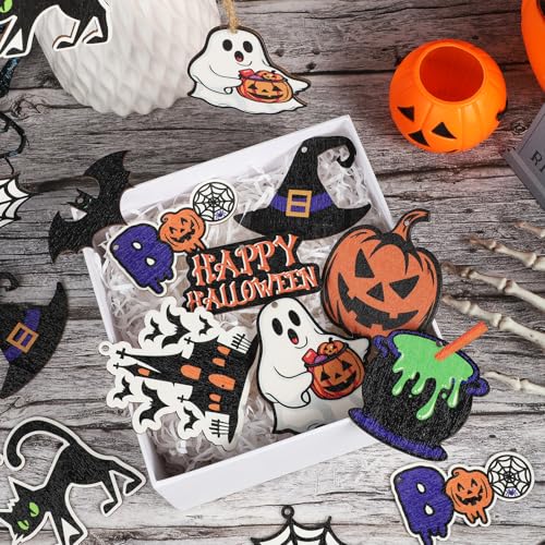 Halloween Tree Ornaments Set - 36 Wooden Decorations with Ropes - Halloween