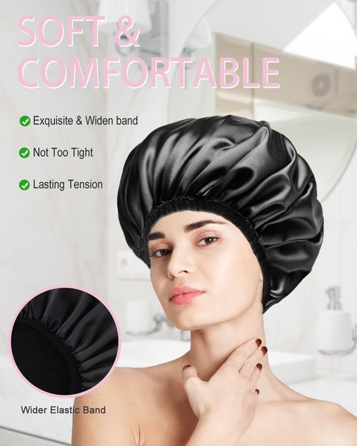 Aquior Shower Cap,Terry Lined Shower Cap for Women Reusable, Triple Layer Waterproof Bath Cap, Extra Large for Women Long Hair(Black)