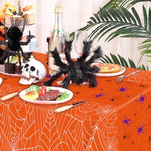 Halloween Spider Web Tablecloth - Waterproof Disposable Orange Rectangular Cover 54x108 Inch - 3 Pack