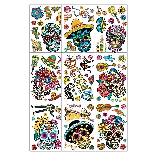Dia de Los Muertos Halloween Window Stickers - Sugar Skull Skeleton Gnome Flowers - Reusable Party Decals