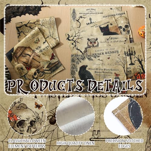Gothic Halloween Placemats with Runner Set - Spooky Forest Skull Bat Table Decor