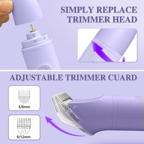 3-in-1 Bikini Trimmer for Women, IPX7 Waterproof Electric Shaver for Women-Rechargeable Electric Razors for Pubic, Facial & Body Hair Trimmer with LED Display, Travel Kit & Painless Blades (Purple)