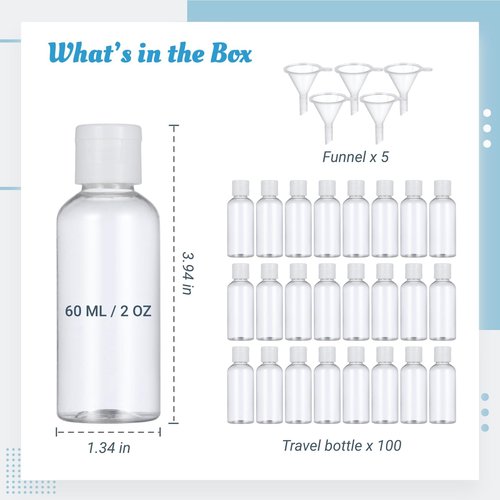 100 Pack 2 oz Plastic Empty Travel Bottles with Flip Cap 60ml Travel Size Containers Portable Leak Proof Clear Plastic Bottles Refillable Dispensing Bottles for Liquid Shampoo Lotion White