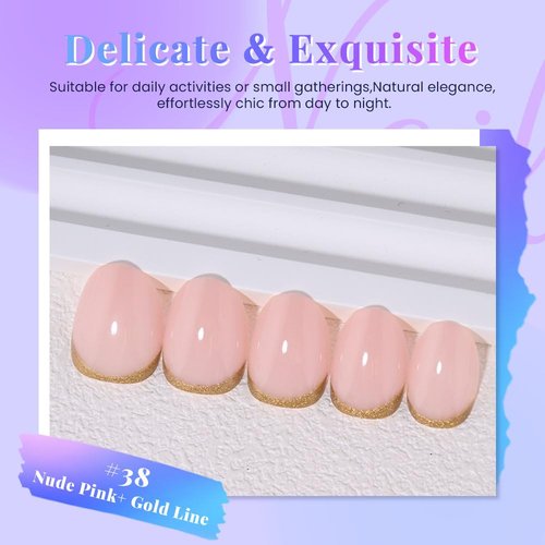 Evpct Nude Pink French Press-On Nails - Short Oval Design with Gold Foil Accents | Reusable Soft Gel Kit