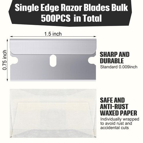 Lasnten 500 Pcs Single Edge Razor Blades, Industrial Scraper Razor Blades Safety Straight Edge Replacement Box Cutter Blade for Glass Paint Scraper, Removing Labels, Decals, Stickers