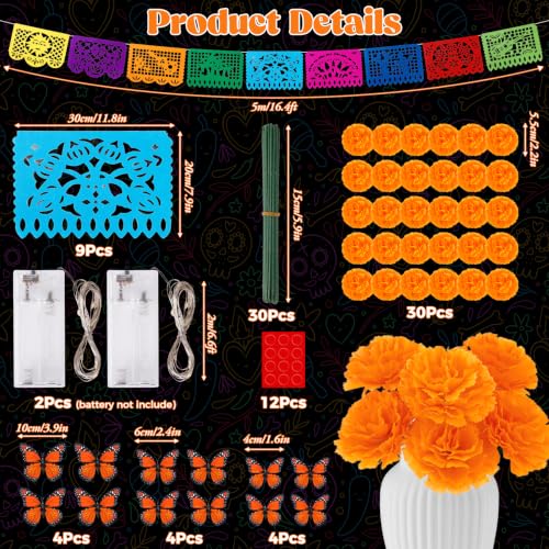 Day of the Dead Decorations Set with Marigold Garlands & Lights - 85 Pcs