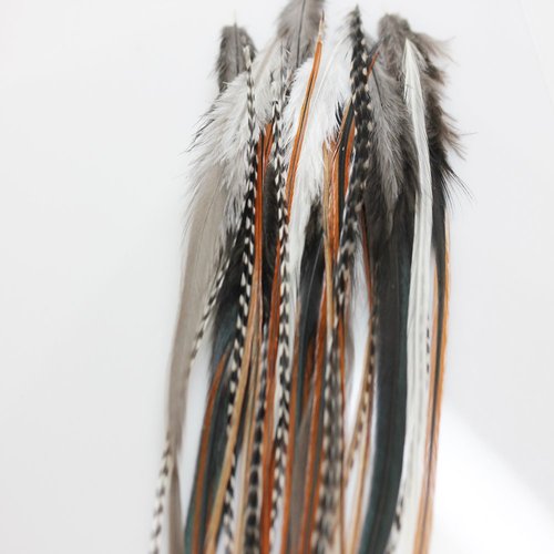 Sexy Sparkles Feather Hair Extensions - Natural Beige & Brown Feathers, 25 Individual Loose Feathers, 8-12 Inches, Includes 10 Silicone Micro Beads