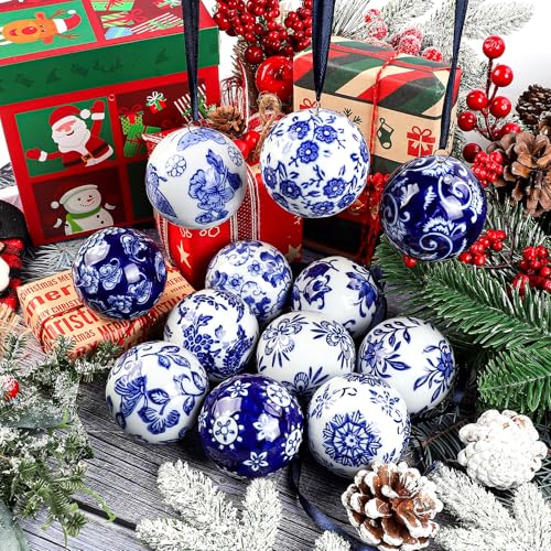 Blue Ceramic Christmas Ornament Balls - 12 Pcs Chinese Style Hanging Decor - Circular Variation