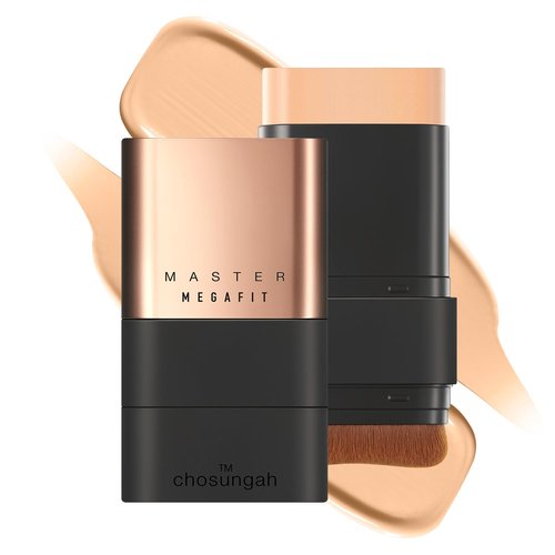 CHOSUNGAH BEAUTY Mega Fit Master Glow Stick Foundation with Brush, 120H Long Lasting Radiant Coverage, All-in-One Stick for Easy Application, K-Beauty, Shade 23, 0.56oz (02 Sand Beige)