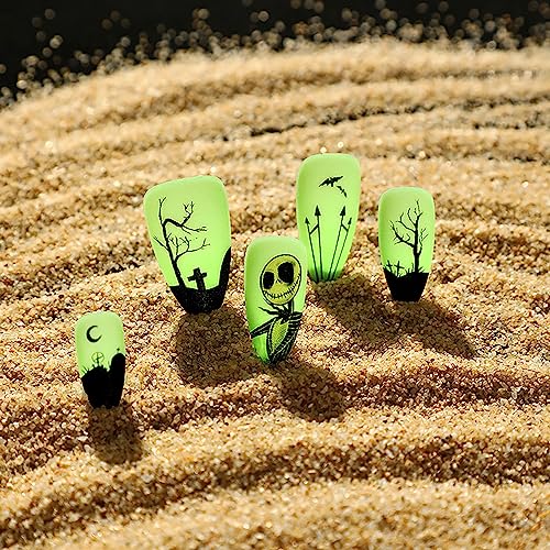 Halloween Press On Nails Medium Almond Glow in The Dark Full Cover Nightmare Christmas Fake Nails - Variation 10