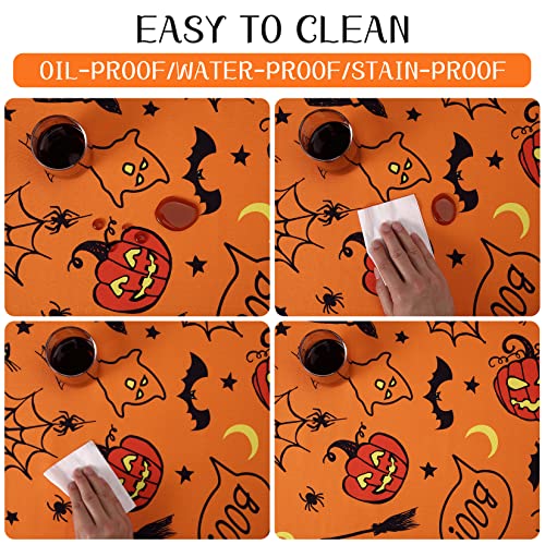 Halloween Tablecloth Round 60 Inch - Spider Web Pumpkin Bat Ghost Waterproof Decor - Orange / 102 Inch