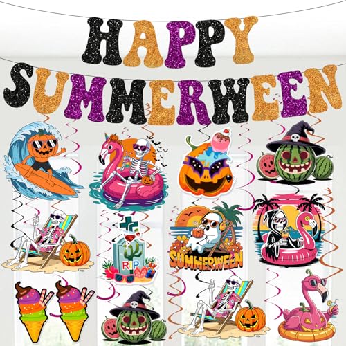 Summer Halloween Banner with Hanging Swirls - Tropical Party Decorations