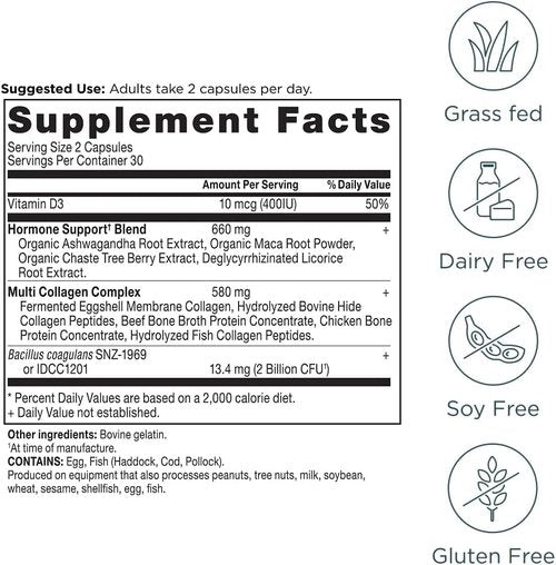 Ancient Nutrition Hormone Balance Supplement - Hydrolyzed Collagen Peptides for Energy Boost | 60 Capsules