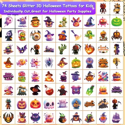 Kids Glitter Halloween Tattoos Set - 74 Washable Temporary Party Stickers