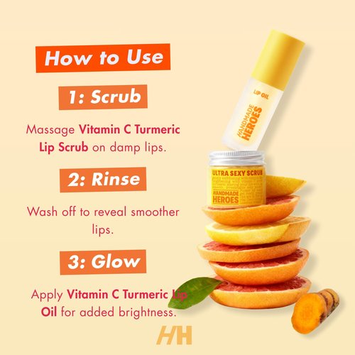 Handmade Heroes Turmeric Lip Scrub & Vitamin C Lip Oil – 100% Natural, Vegan Lip Care Set for Dry, Dark, Dull Lips – Brightening & Nourishing Treatment Duo