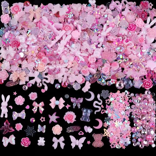 Pink Nail Art Charms Kit - 100pcs Resin Gems & Flatback Rhinestones