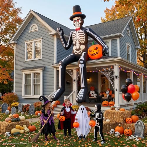 14FT Halloween Inflatable Sitting Skeleton with Pumpkin - Outdoor Yard Decor