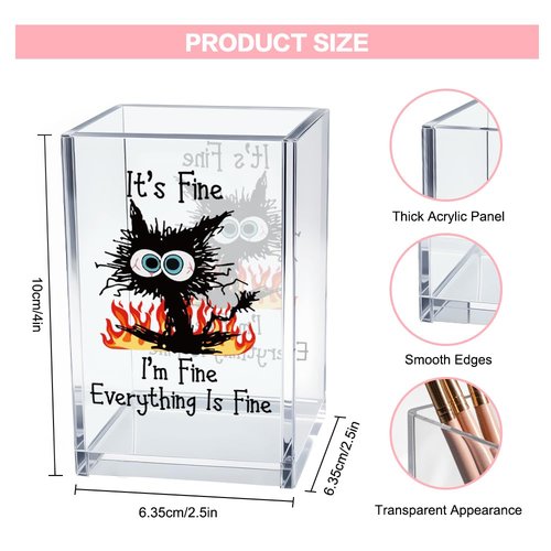 Vgrti It's Fine I'm Fine Acrylic Cosmetic Pencil Pen Holder Cup, Funny Black Cat Pen Holder Cup, Cat Lover Gift for Women Men, Office Sarcastic Gifts for Women Men Colleague Boss
