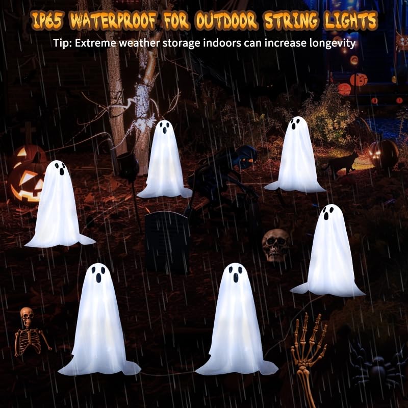 Solar Ghost String Lights for Halloween Garden Pathway Decor - 12.8 FT, 6 Pack