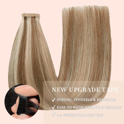 Tape in Hair Extensions Human Hair, 14 Inch 20pcs Human Hair Extensions Tape in for Women Chestnut Brown Highlighted Bleach Blonde Skin Seamless Invisible Tape Hair Extensions(P6/613#, 14 Inch)