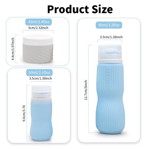 Silicone Travel Bottles 2 3 oz 90 60 40 ml Travel Jars Containers for Toiletries 5 Pack Lotion Liquid Creams Leak Proof TSA Approved Traveling Set Shampoo Body Wash Gel Makeup Skincare Men Women Wave