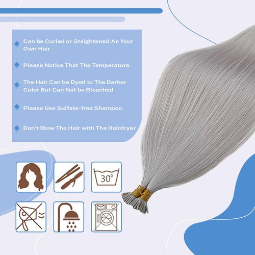Silver I Tip Hair Extensions - Human Hair Pre-Bonded Cold Fusion Stick Tip Real Remy Hair Piece for Women - Invisible Keratin Microlink Extensions 16 Inch 100 Strands 50G