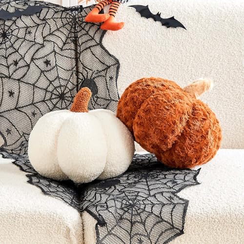 Ivory+Brown Pumpkin Pillow Set - 2 Decorative Fall Halloween Throw Pillows