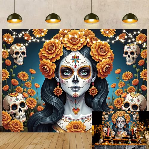 Dia De Los Muertos Backdrop 7x5FT Mexican Fiesta Sugar Skull & Marigold Decor Variation of THIS listing