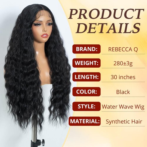 Rebecca Q Water Wavy Wig Long Wavy Lace Front Wig For Women T-Part Natural Hairline Synthetic Wigs Long Black Wig For Daily Cosplay Party 30 inches