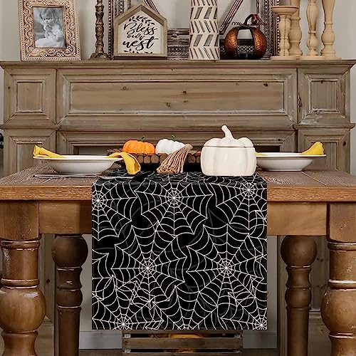 Halloween Spider Web Table Runner 13 x 72 Inch Black Linen Seasonal Decor