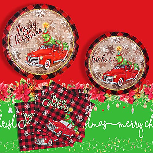 Christmas Disposable Paper Plates and Napkins Set - Pickup Truck & Tree Design - Serves 50