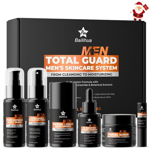 Gift for Men Skincare Skin Care Set for Men Him Complete Routine Kit with Niacinamide & Ceramides - Face Cleanser, Scrub, Toner, Serum, Moisturizer Cream, Lip Balm - Christmas, Valentine's Day Gifts