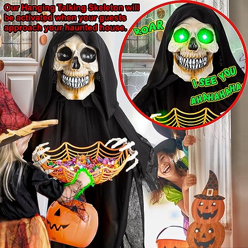 71-Inch Halloween Hanging Skeleton Ghost Decoration with Sound & Glow Eyes