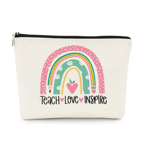 EXUQO Teacher Gifts,Teacher Makeup Bag,Appreciation Thank You Gifts for Teacher,Teach Love Inspire Pink Rainbow Teacher Gifts Cosmetic Bag,Teachers Day Gift,Birthday Gift Cosmetic Bag Organizer