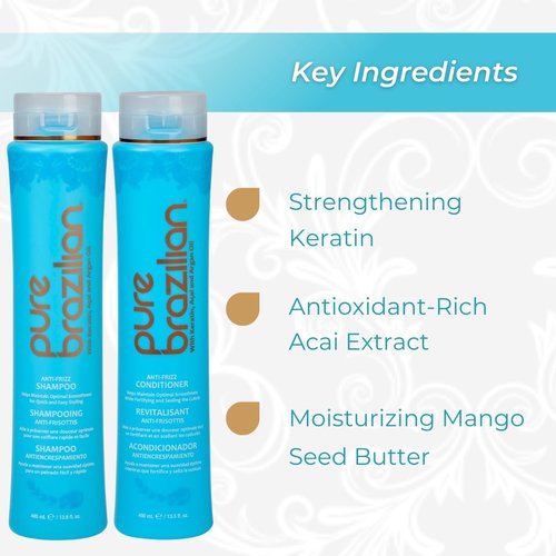 Pure Brazilian Anti-Frizz Shampoo & Conditioner - Salt-Free, Color Safe, Enriched with Keratin & Argan Oil | 13.5 Ounce