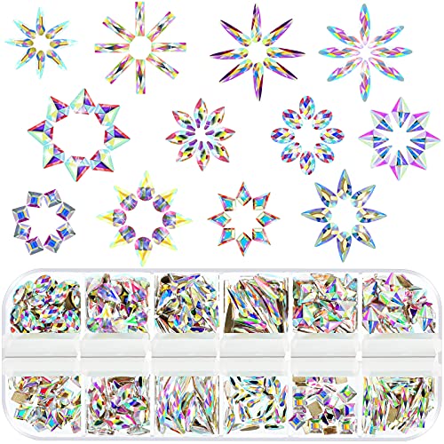 12 Styles 360 Pcs Rhinestones Nail Art Gems Multi Shapes Flat Back Crystals for DIY Nails