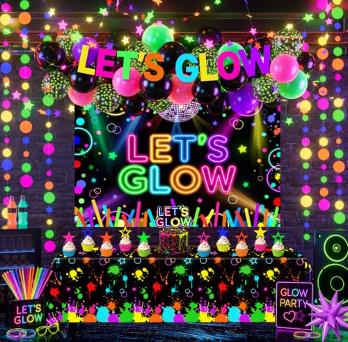 Neon Party Decorations Kit with Balloon Arch Banner Backdrop and UV Balloons