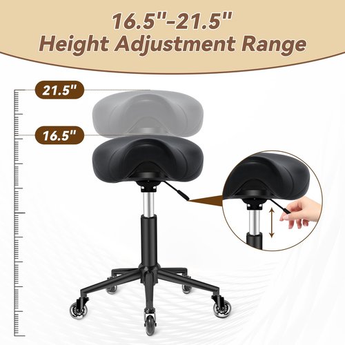 Saddle Stool Heavy Duty 400lbs - Ergonomic Thick Saddle Seat Cushion, Easy Height Adjustable, Healthy Posture No Pain, Smooth Rolling No Creaky Noises, Rolling Saddle Stool Chair with Wheels (Black1)