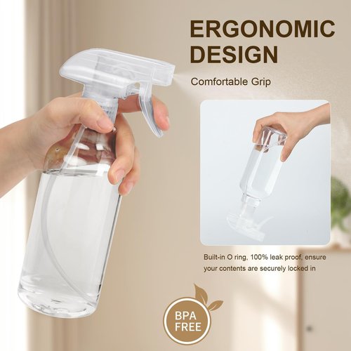 Skiennix Plastic Spray Bottles - 2-Pack, 16.9 Oz, Heavy Duty for Cleaning, Essential Oils & Plants | Clear