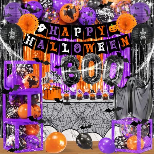 Purple Halloween Party Decorations Kit - Ghost Balloons, Spider Web, Foil Curtains, Boo Banner