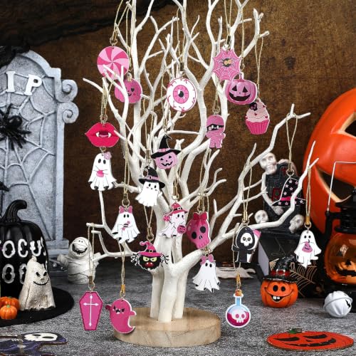 Pink Halloween Decorations Set - 36 Double-Sided Acrylic Hanging Ornaments with Gold Strings