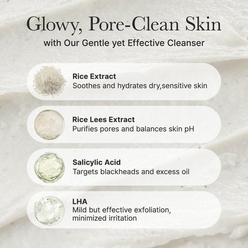 ARENCIA Rice + LHA Pore Control Cleanser - Deep Cleansing & Gentle Exfoliation for All Skin Types, 5.29 oz