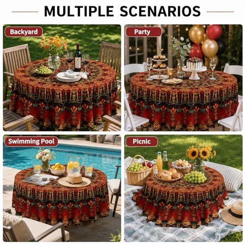 Orange Bohemia Round Tablecloth 60in - Boho Polyester Cover for Dining & Events