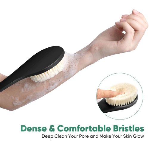 Back Scrubber for Shower, 17-Inch Shower Brush for Men and Women, Long Handle Exfoliating Body Brush, Medium Bristle Stiffness for Dry or Wet Brushing (Black)