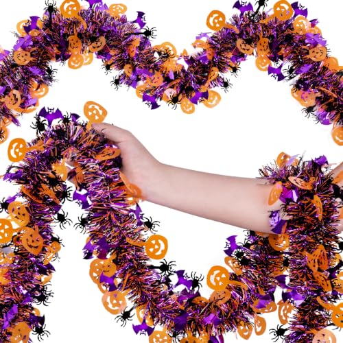 Orange Halloween Tinsel Garland 60Ft Pumpkin Spider Bat Decor