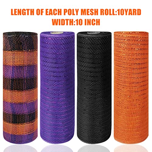 Halloween Poly Mesh Ribbon Rolls - Black, Purple & Orange Wired Edge, 10 Inch x 30 Feet, 4 Pack