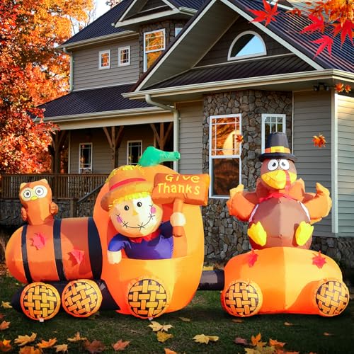 Thanksgiving Inflatable Scarecrow Driving Pumpkin Train with Turkey - Fall Yard Decor, Fall Train Variation