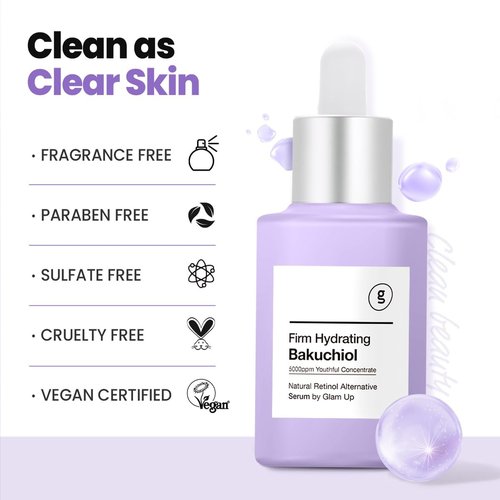 Glam Up Bakuchiol Serum - Anti-Aging Retinol Alternative with Hyaluronic Acid | Hydrate & Smooth Skin (1.01 Fl Oz)